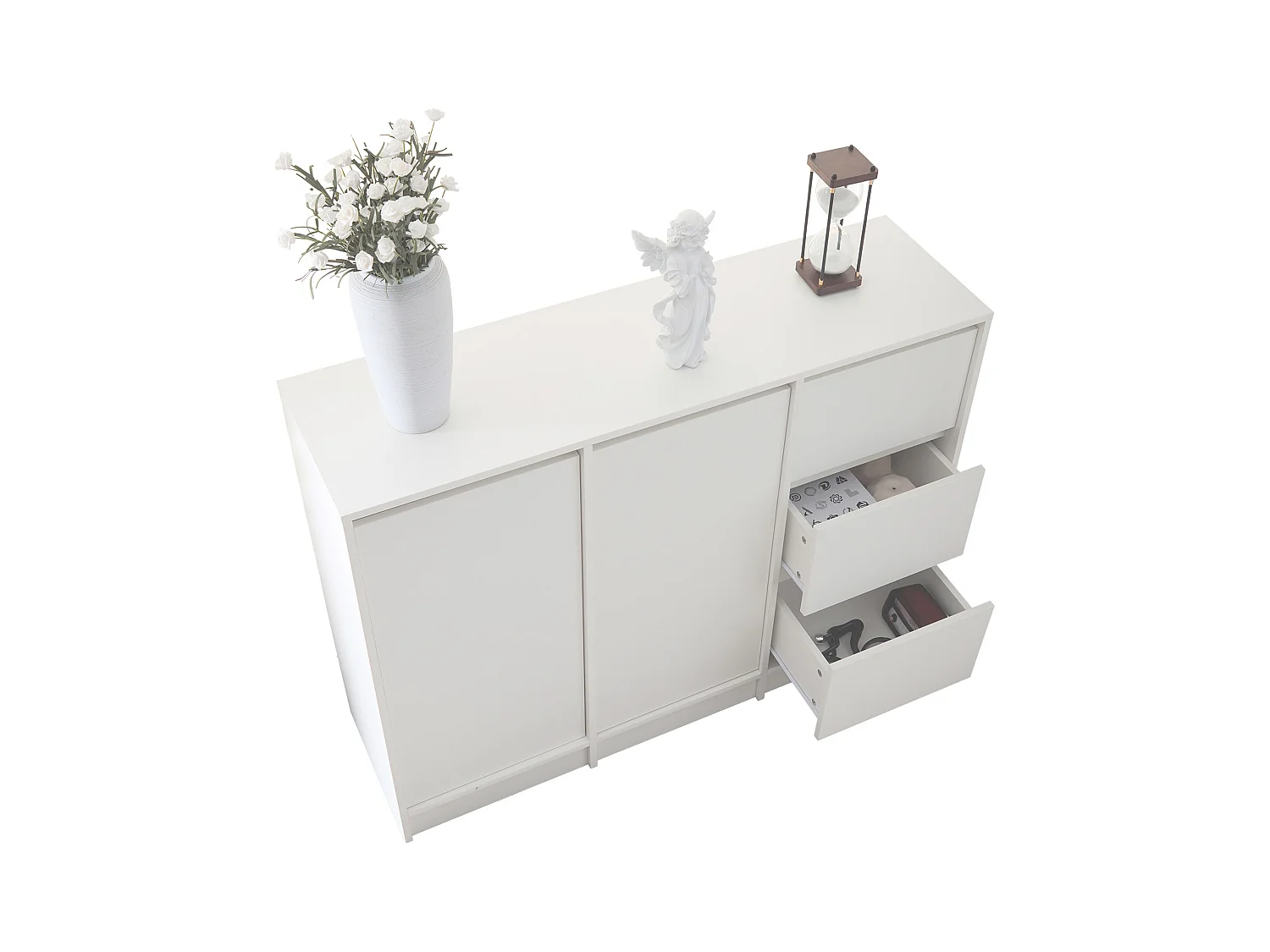 Table basse pivotante avec 2 tiroirs, blanc + noyer, 60x60x38 cm