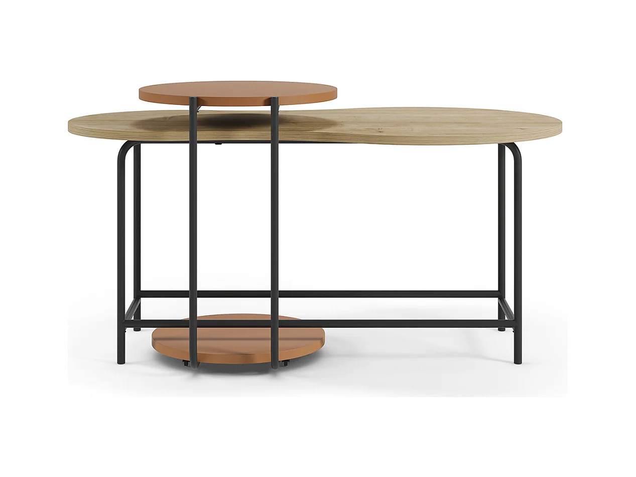 Set de 2 tables basses, tables de salon aspect bois coloris chêne, terracotta et métal coloris noir