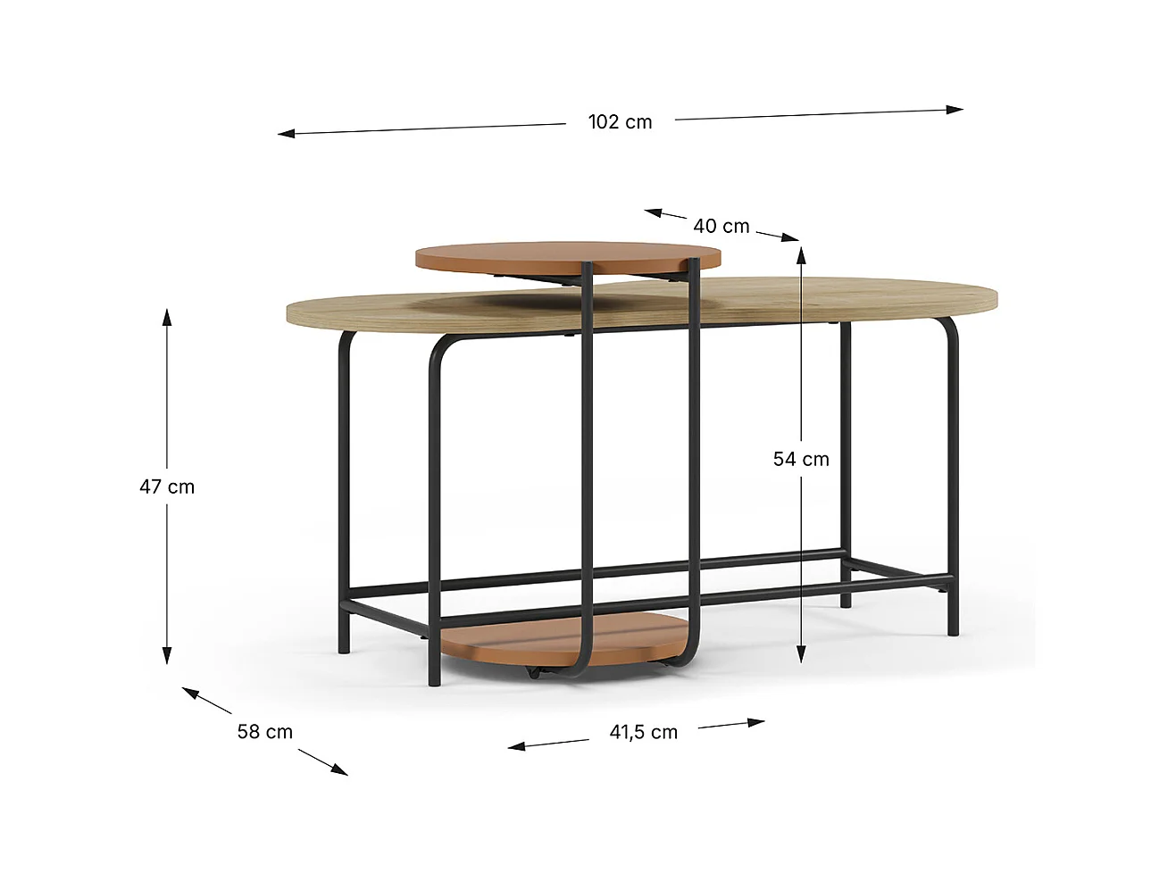 Set de 2 tables basses, tables de salon aspect bois coloris chêne, terracotta et métal coloris noir