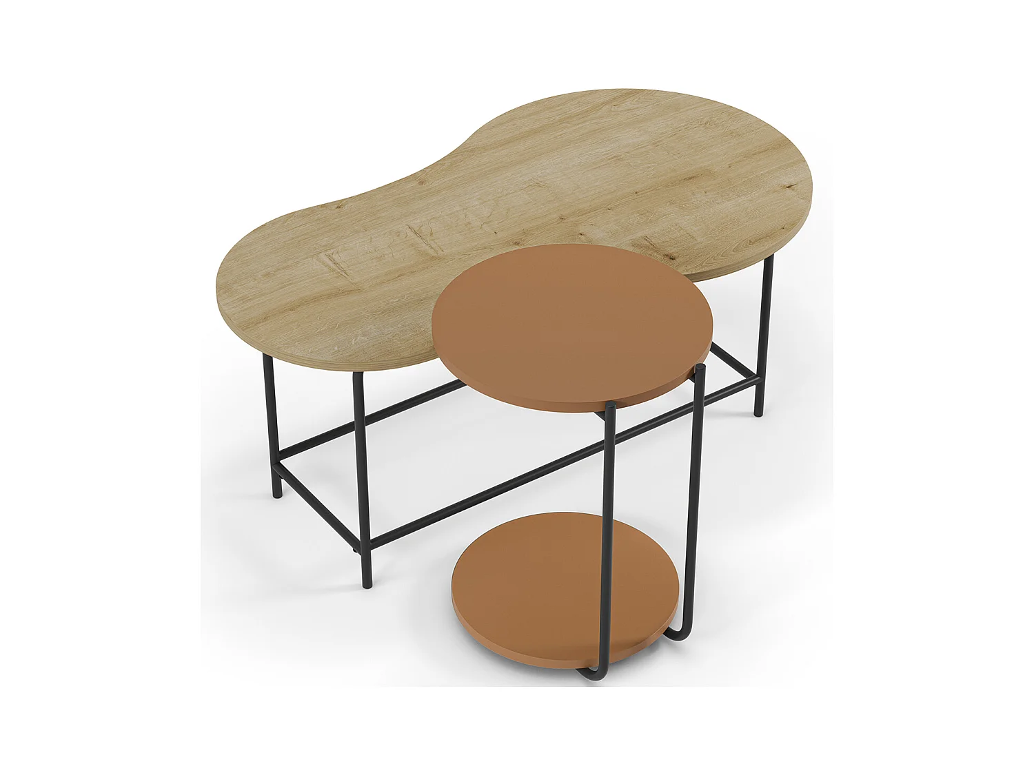Set de 2 tables basses, tables de salon aspect bois coloris chêne, terracotta et métal coloris noir