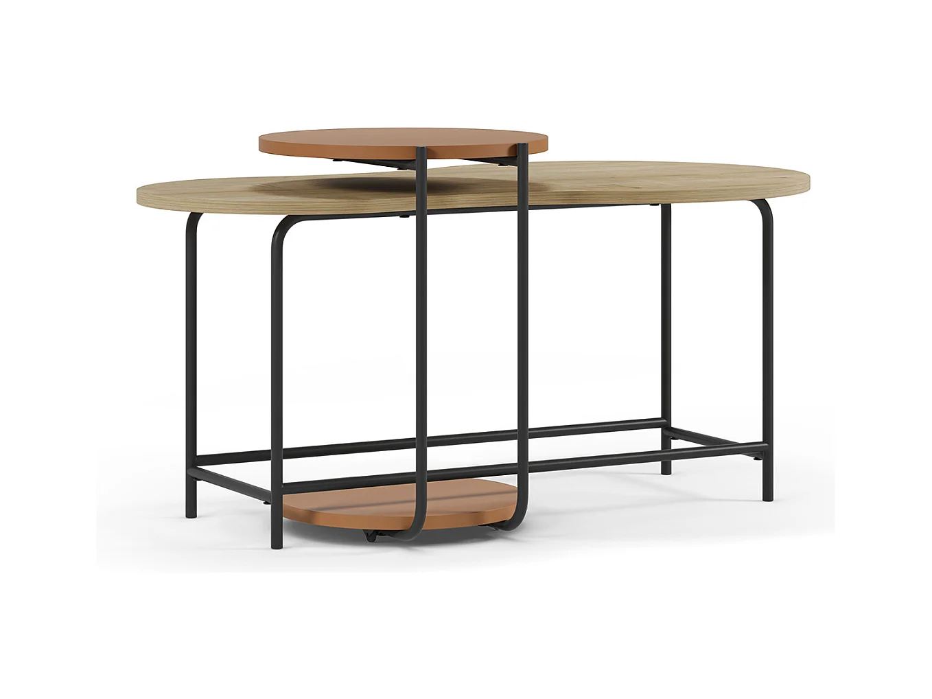 Set de 2 tables basses, tables de salon aspect bois coloris chêne, terracotta et métal coloris noir