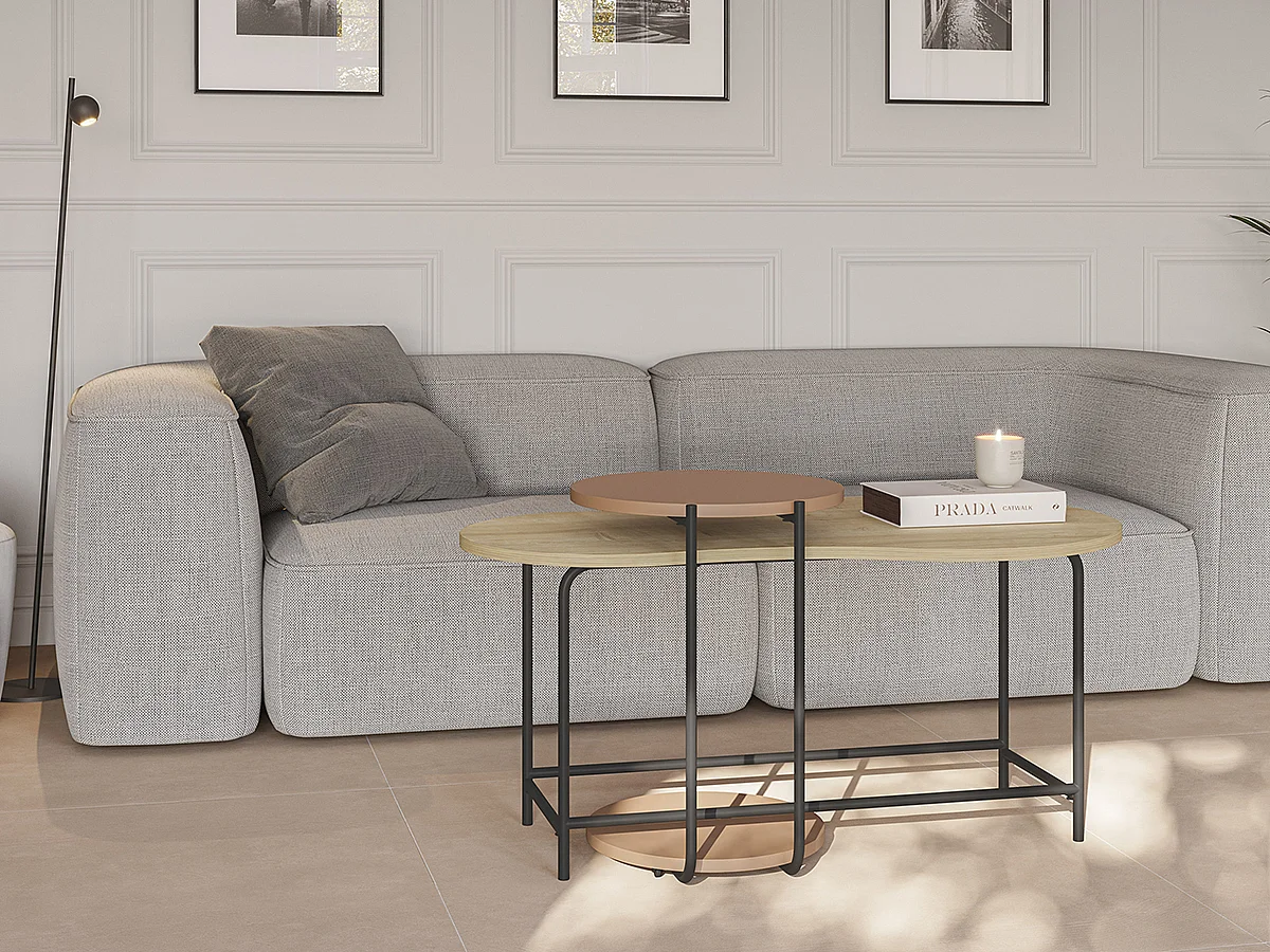 Set de 2 tables basses, tables de salon aspect bois coloris chêne, terracotta et métal coloris noir