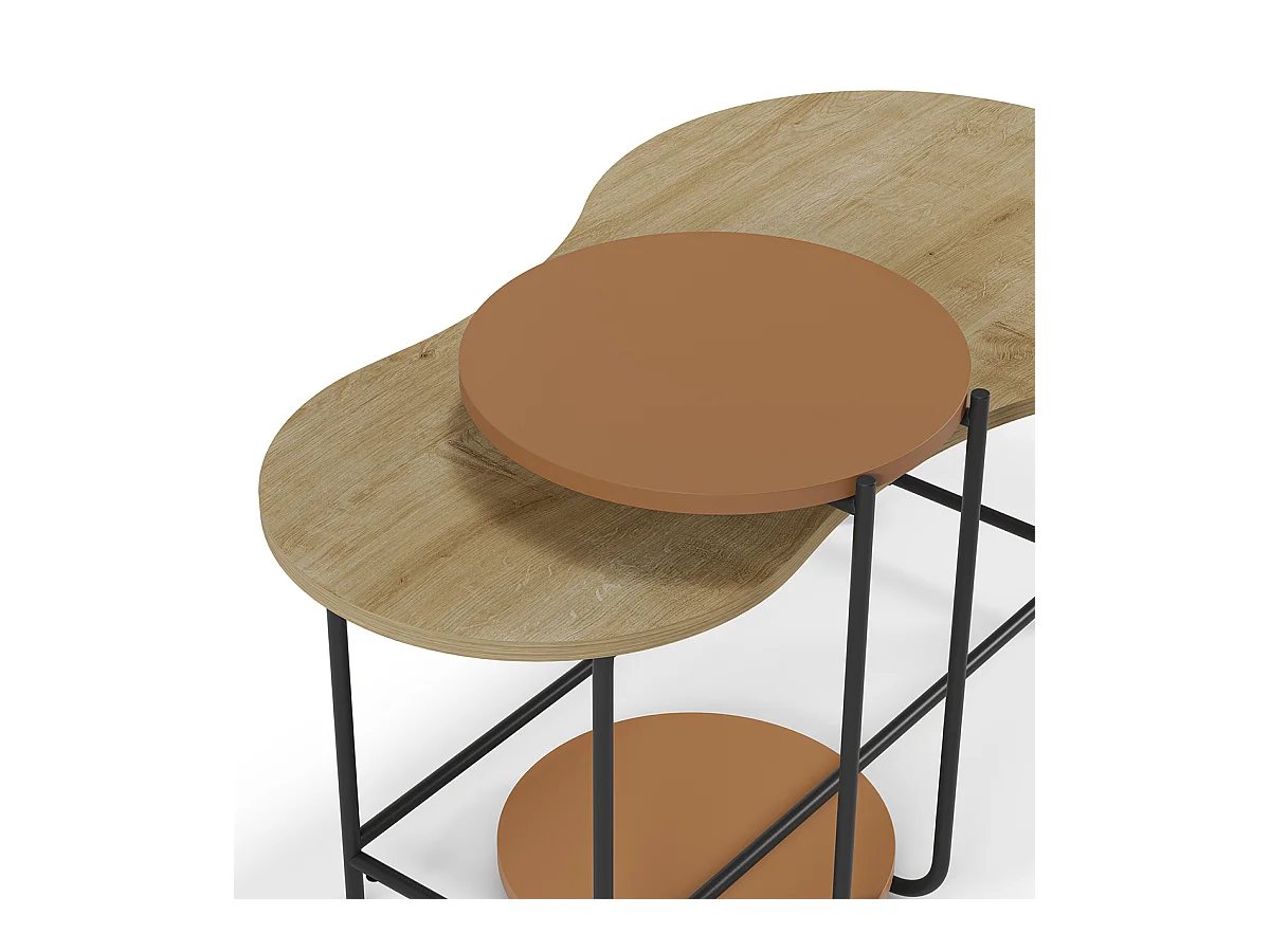 Set de 2 tables basses, tables de salon aspect bois coloris chêne, terracotta et métal coloris noir