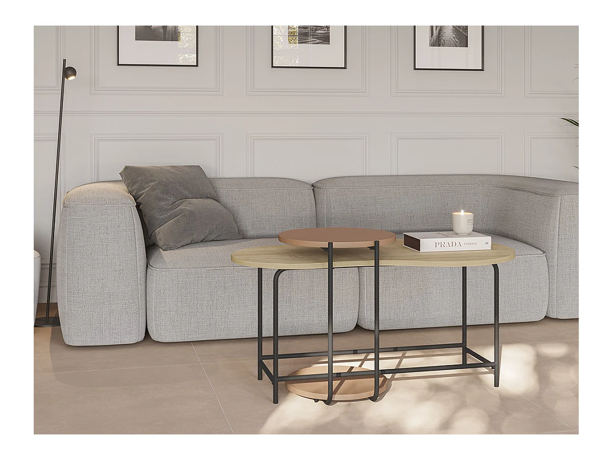 Set de 2 tables basses, tables de salon aspect bois coloris chêne, terracotta et métal coloris noir