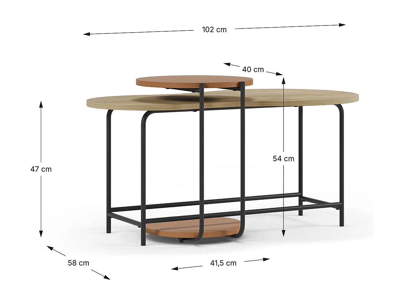 Set de 2 tables basses, tables de salon aspect bois coloris chêne, terracotta et métal coloris noir