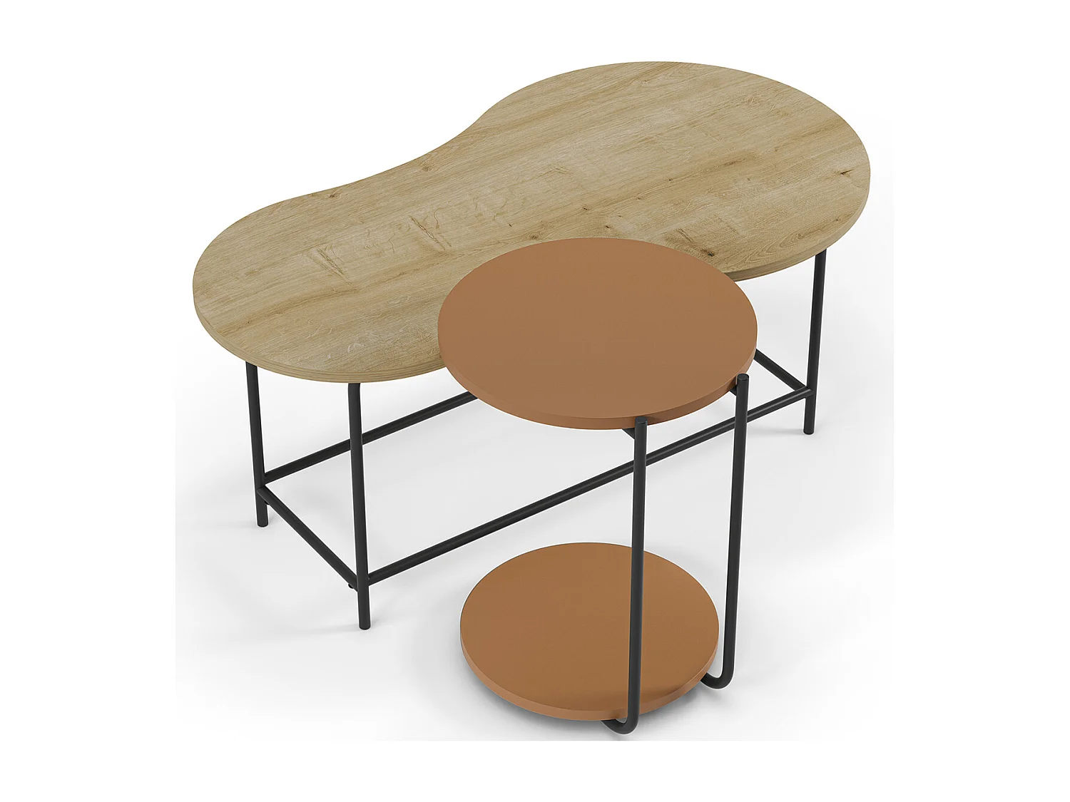 Set de 2 tables basses, tables de salon aspect bois coloris chêne, terracotta et métal coloris noir