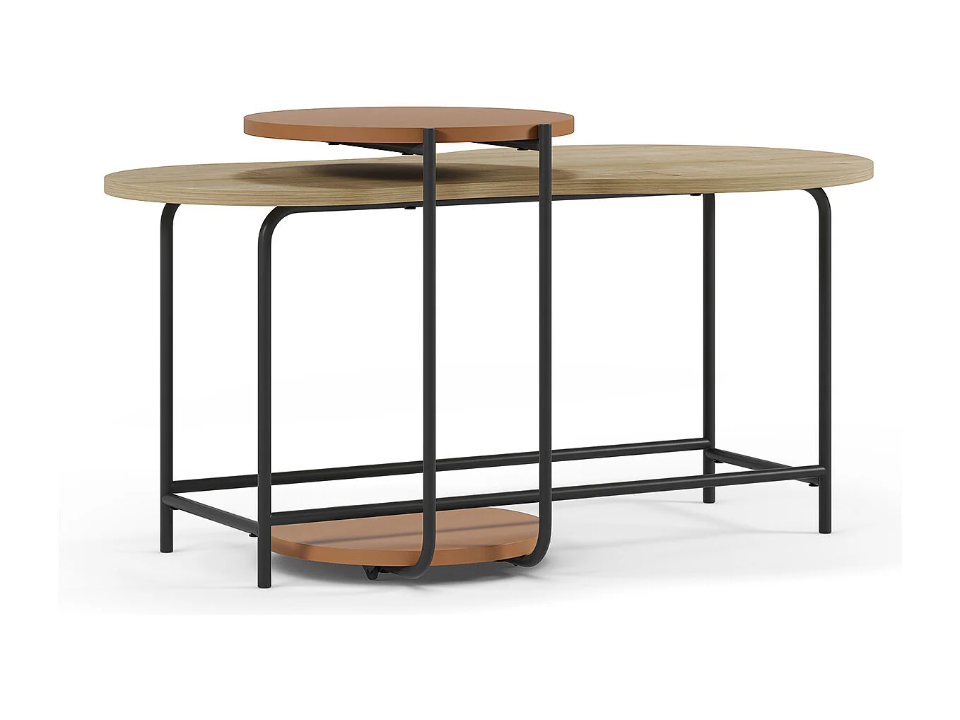 Set de 2 tables basses, tables de salon aspect bois coloris chêne, terracotta et métal coloris noir