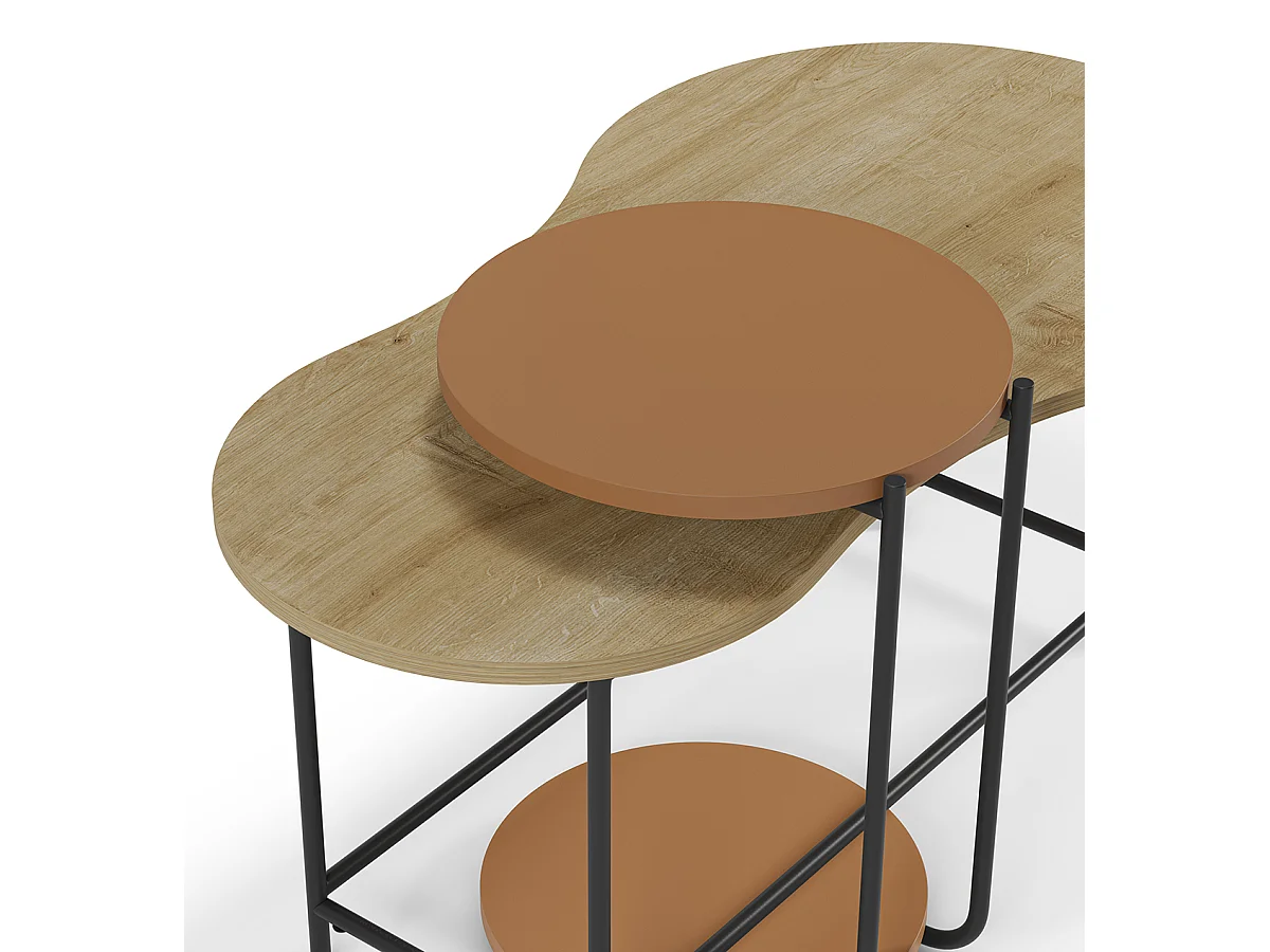 Set de 2 tables basses, tables de salon aspect bois coloris chêne, terracotta et métal coloris noir