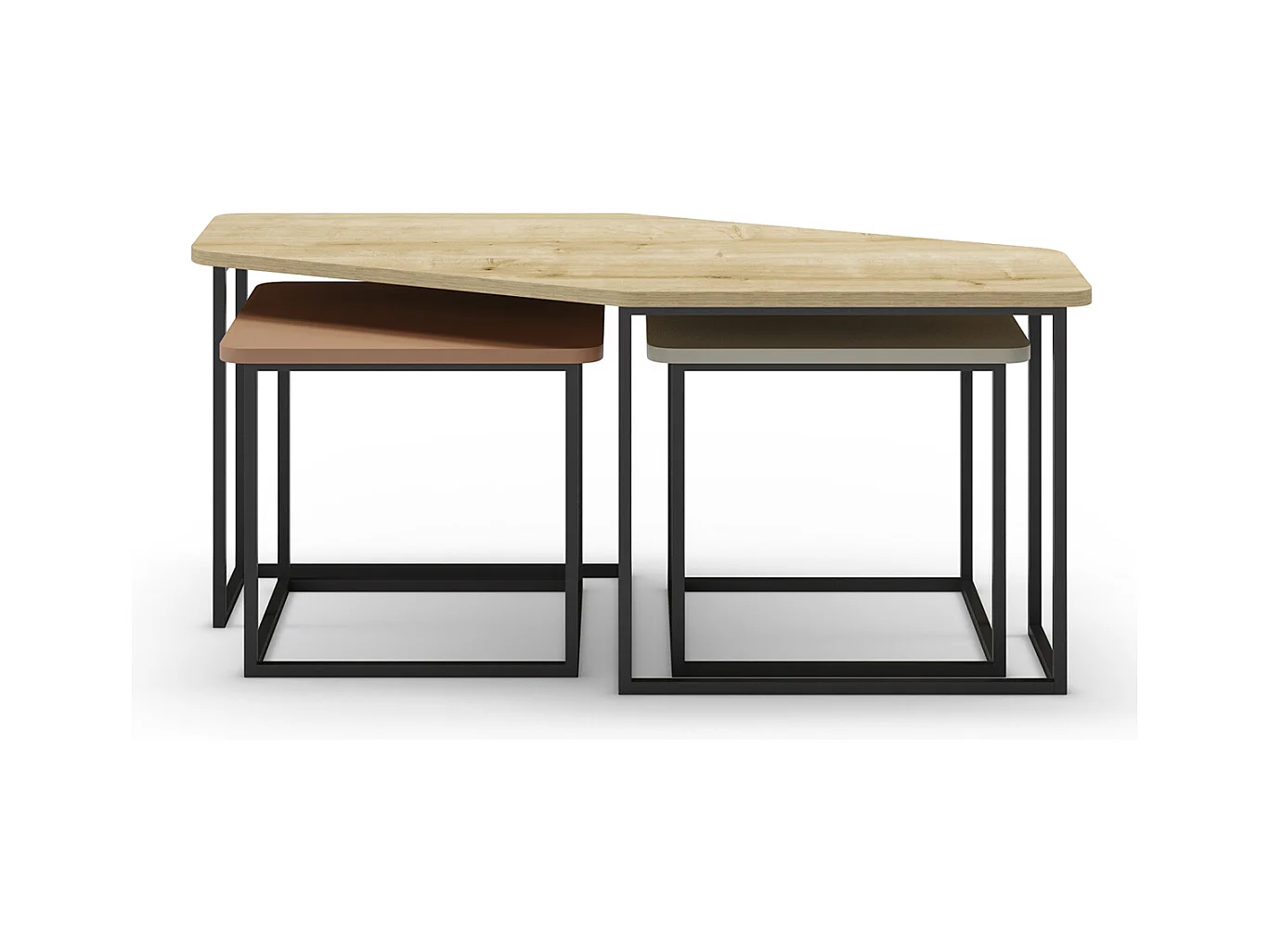 Set de 3 tables basses, tables de salon aspect bois coloris chêne, terracotta, vert et pieds en métal noir