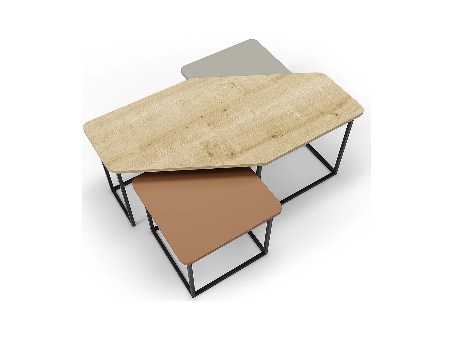 Set de 3 tables basses, tables de salon aspect bois coloris chêne, terracotta, vert et pieds en métal noir