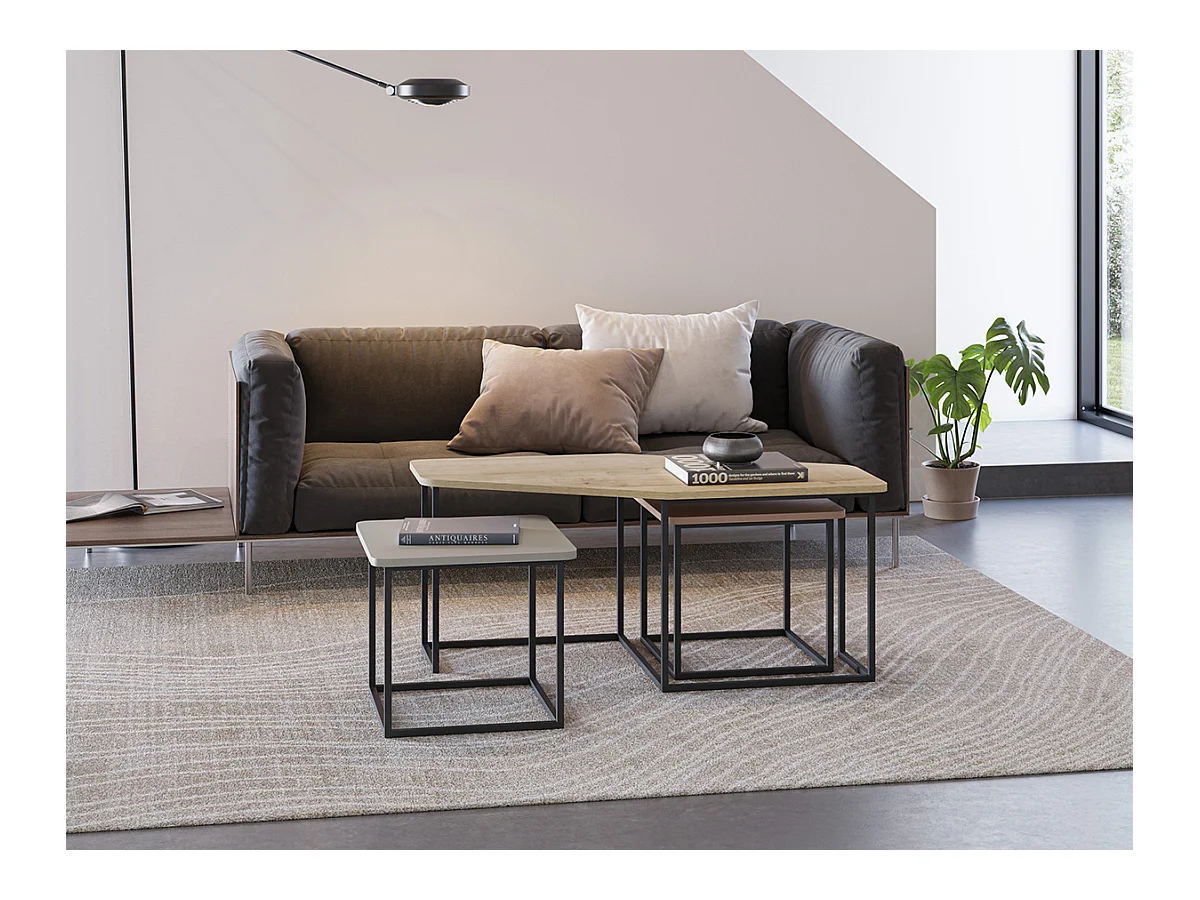 Set de 3 tables basses, tables de salon aspect bois coloris chêne, terracotta, vert et pieds en métal noir