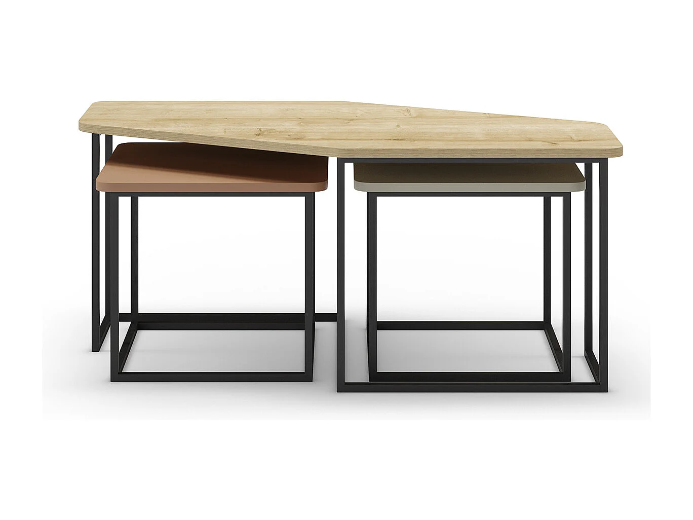 Set de 3 tables basses, tables de salon aspect bois coloris chêne, terracotta, vert et pieds en métal noir