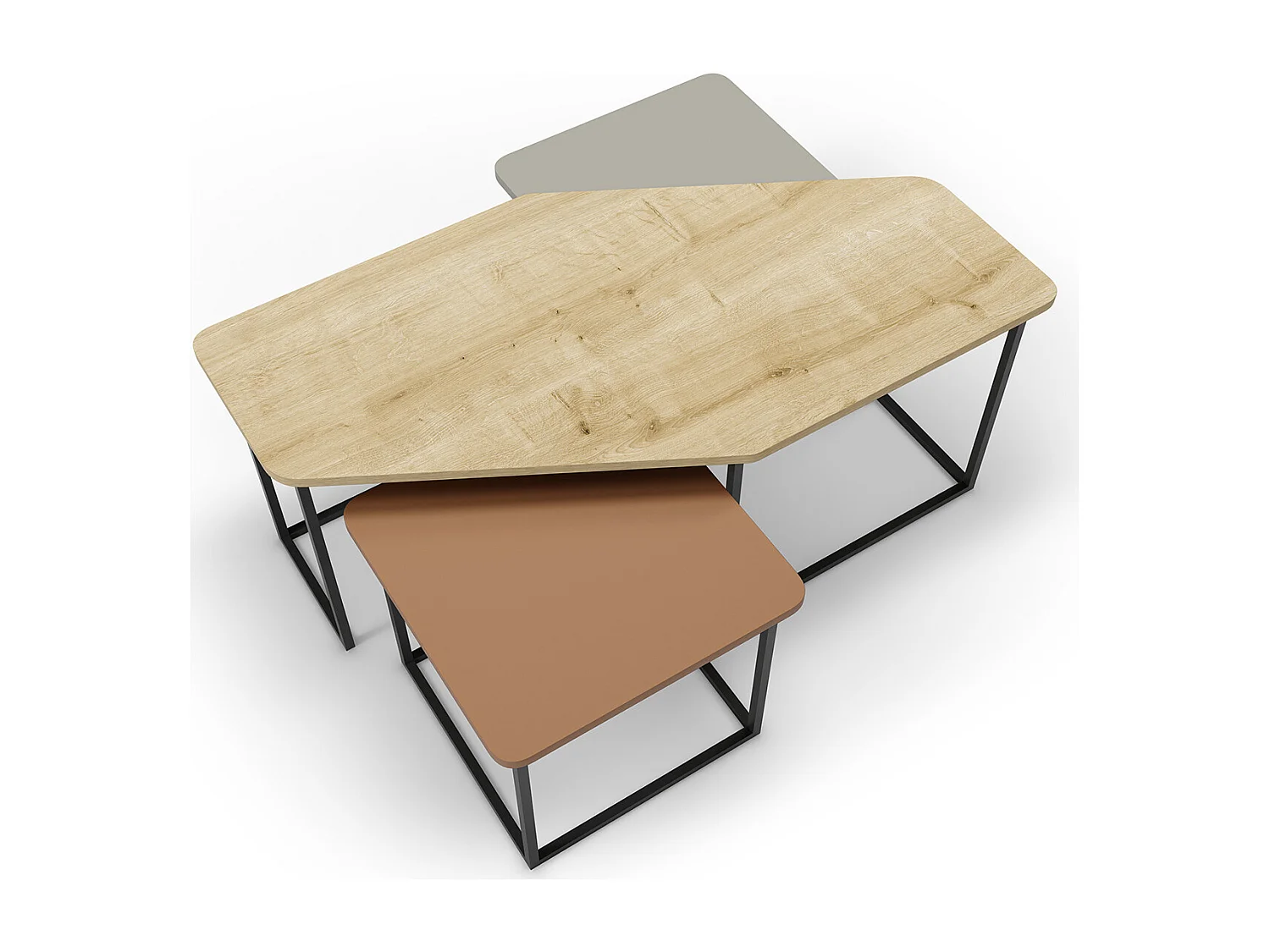 Set de 3 tables basses, tables de salon aspect bois coloris chêne, terracotta, vert et pieds en métal noir