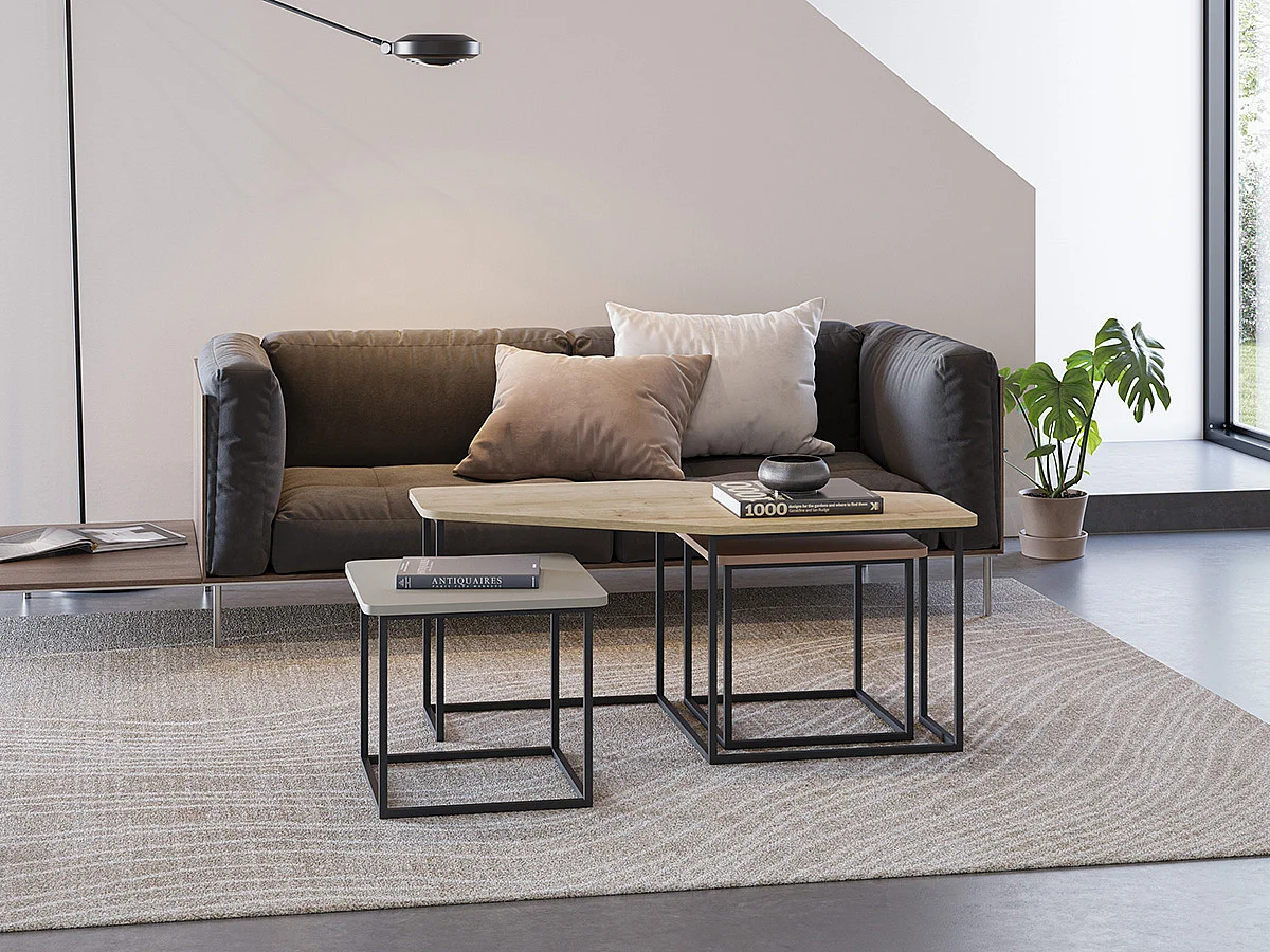 Set de 3 tables basses, tables de salon aspect bois coloris chêne, terracotta, vert et pieds en métal noir