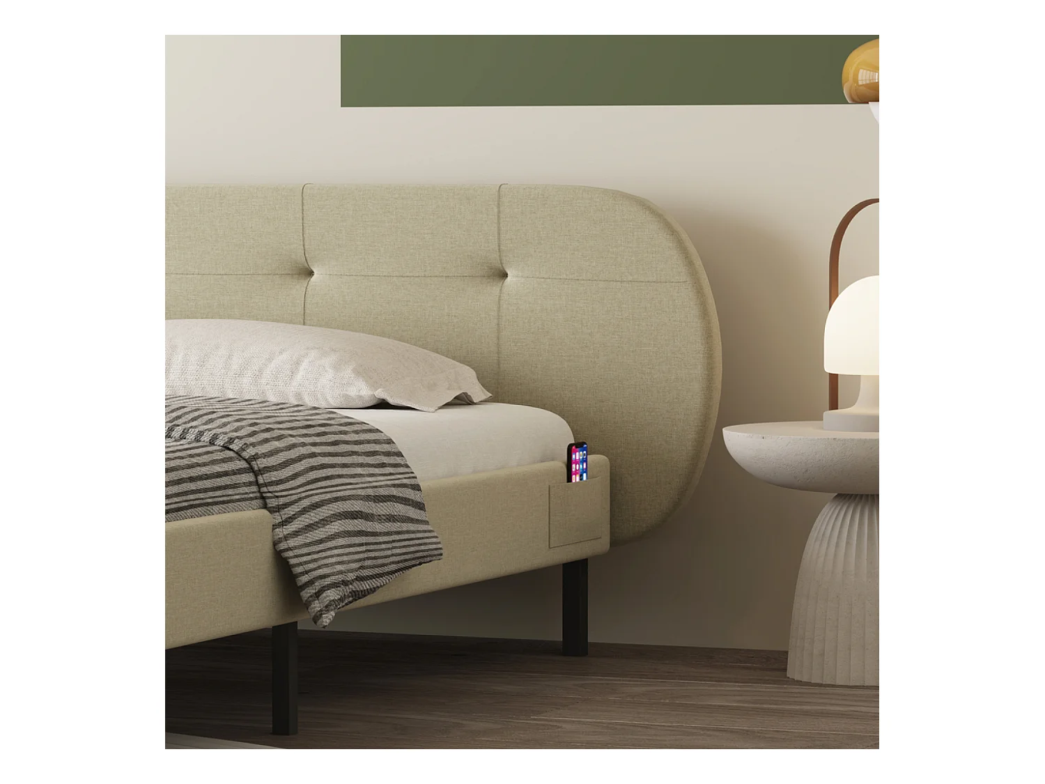 Lit capitonné 140x190cm beige avec tête de lit et sommier TULSA