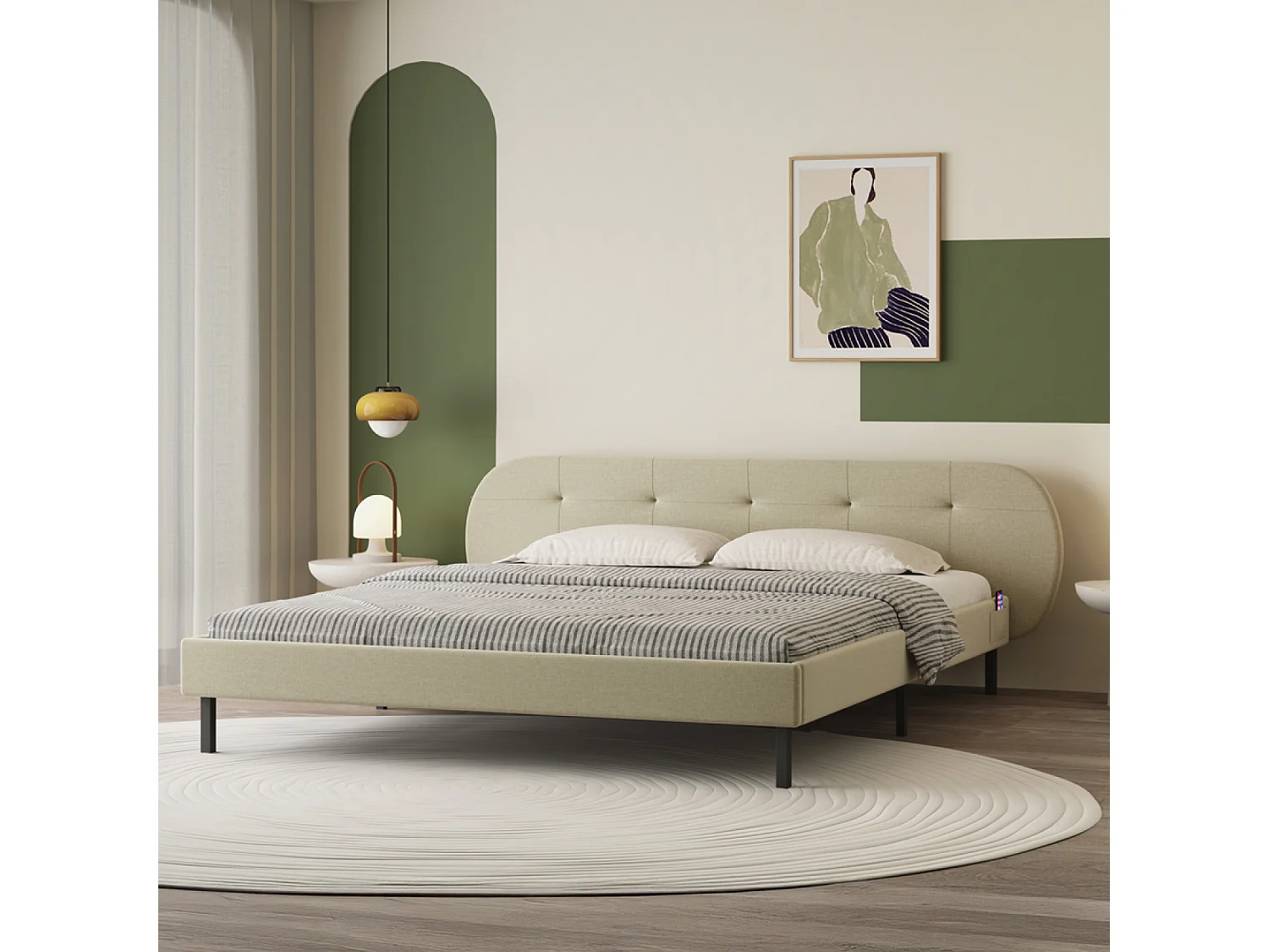 Lit capitonné 140x190cm beige avec tête de lit et sommier TULSA