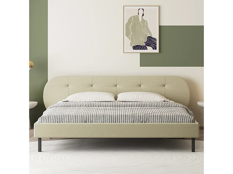 Lit capitonné 140x190cm beige avec tête de lit et sommier TULSA