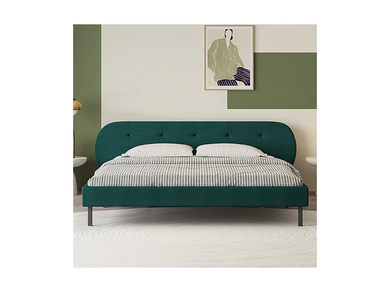 Lit capitonné 160x200cm vert avec tête de lit et sommier TULSA