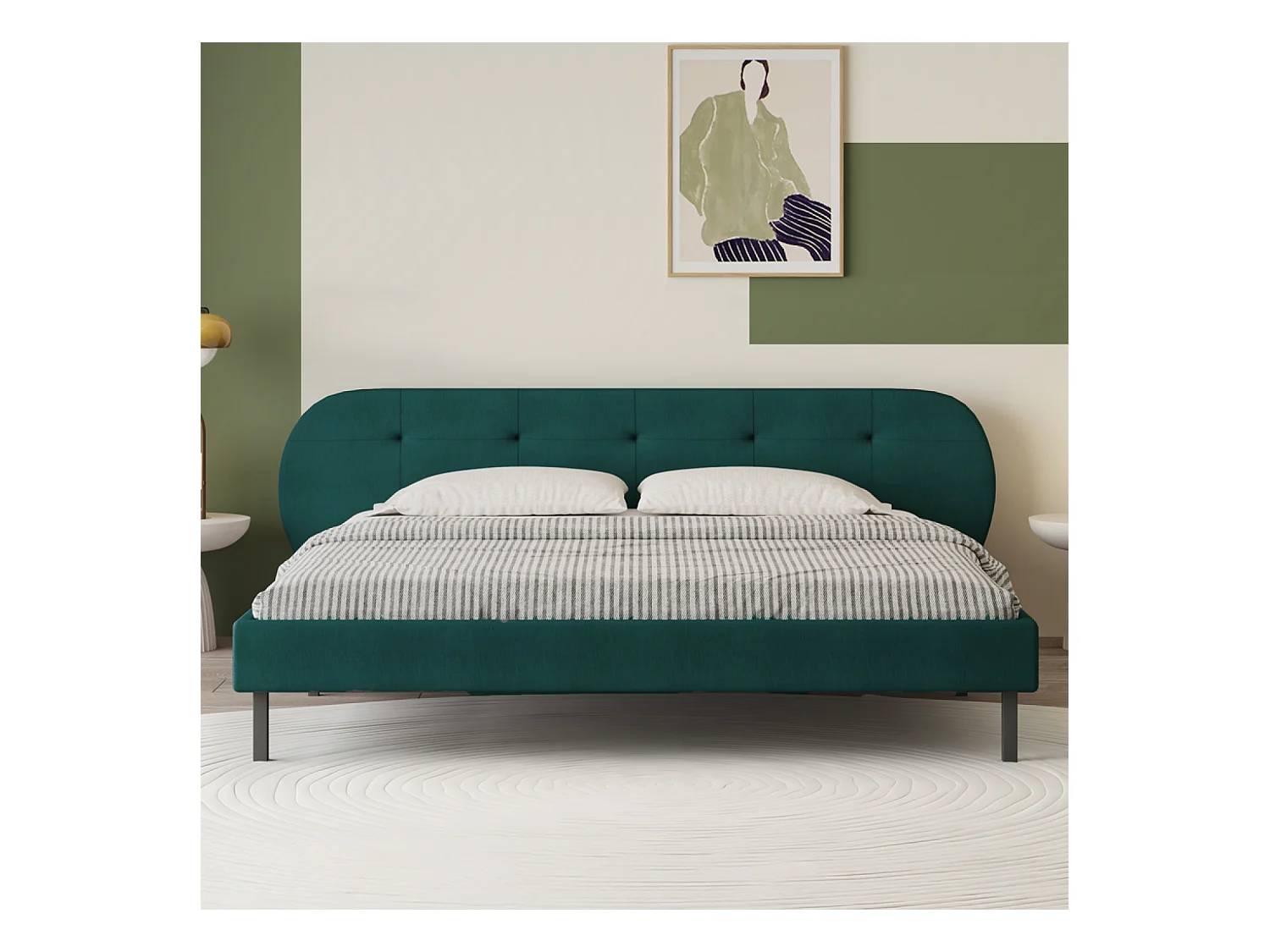 Lit capitonné 160x200cm vert avec tête de lit et sommier TULSA