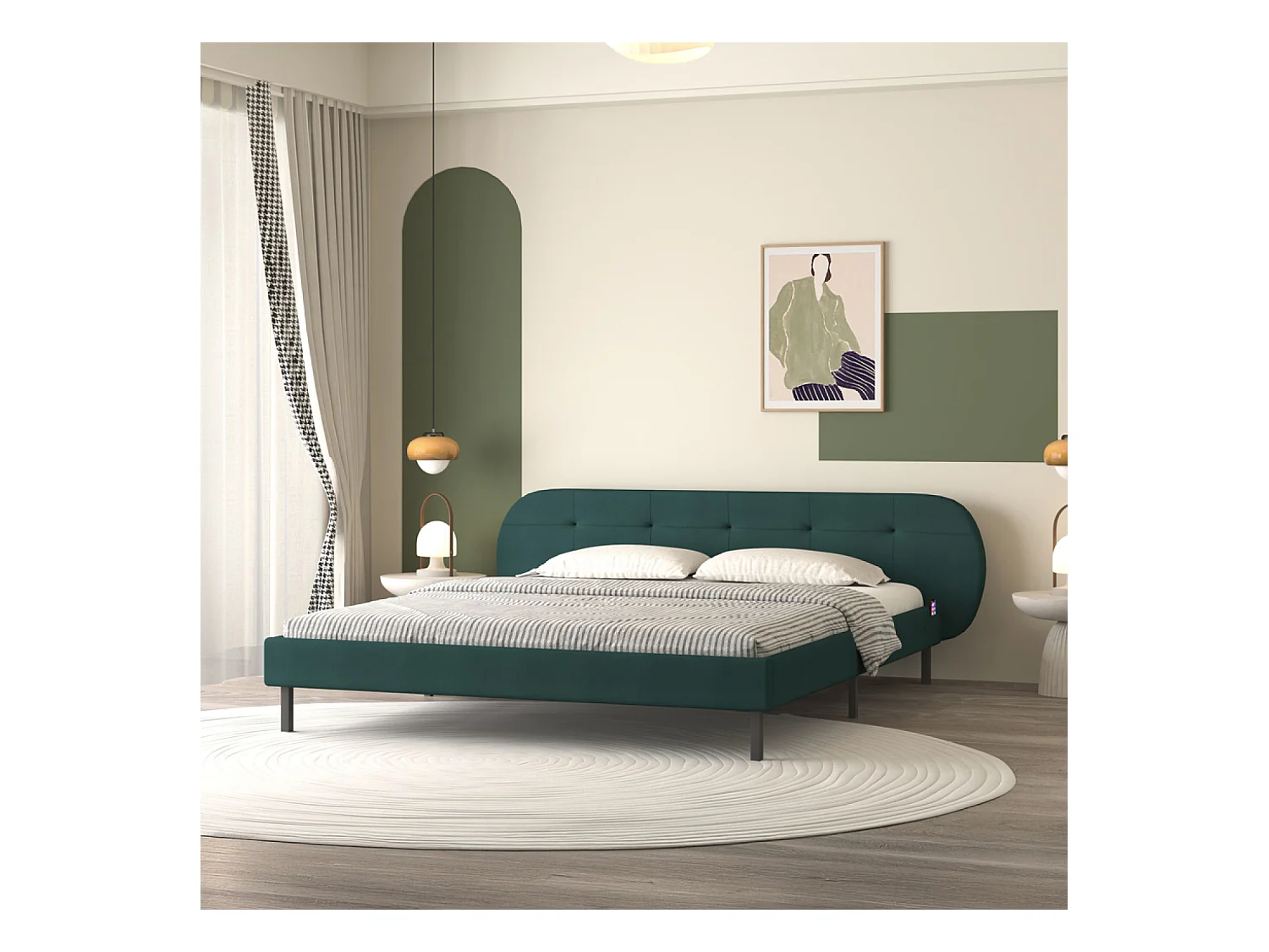 Lit capitonné 160x200cm vert avec tête de lit et sommier TULSA