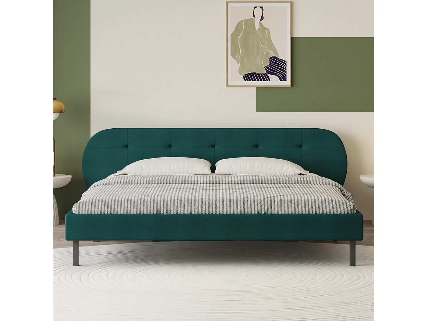 Lit capitonné 160x200cm vert avec tête de lit et sommier TULSA