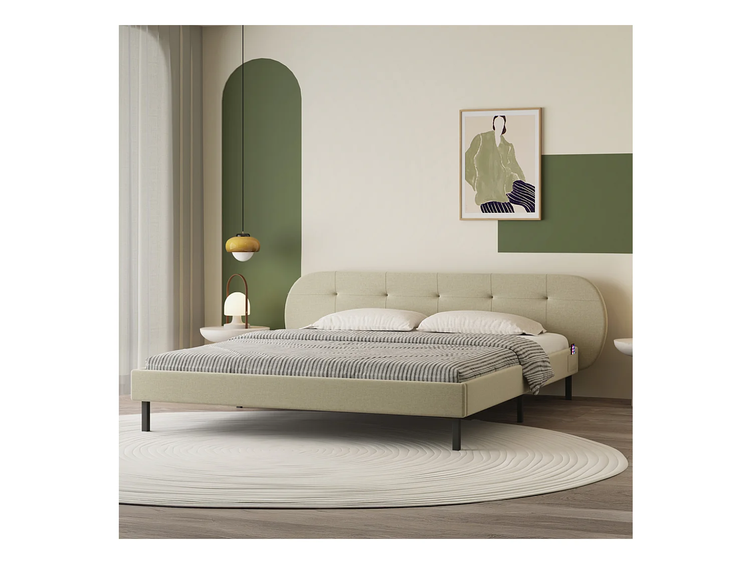 Lit capitonné 160x200cm beige avec tête de lit et sommier TULSA