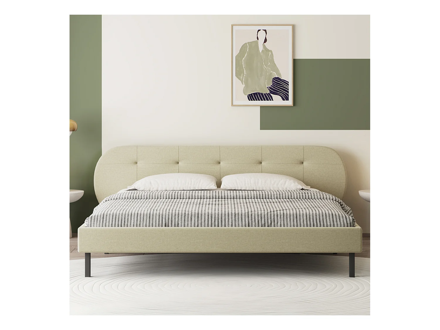 Lit capitonné 160x200cm beige avec tête de lit et sommier TULSA