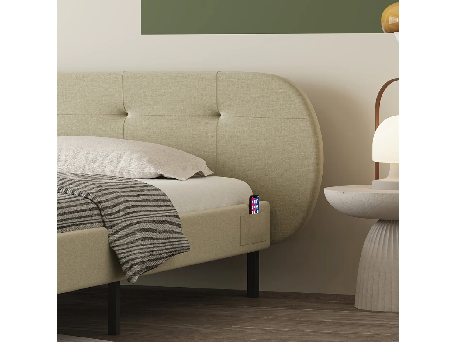 Lit capitonné 160x200cm beige avec tête de lit et sommier TULSA