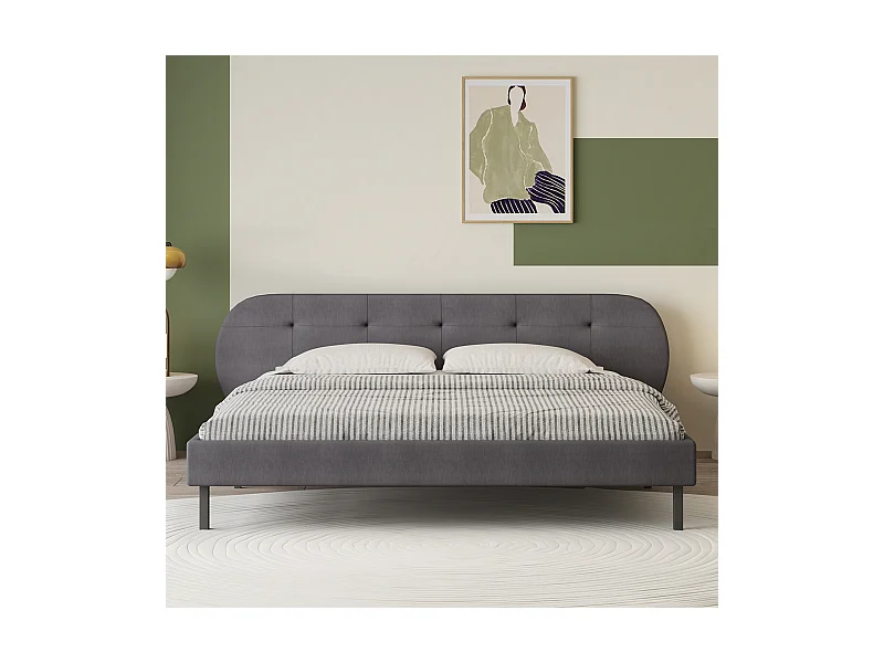 Lit capitonné 140x190cm gris avec tête de lit et sommier TULSA