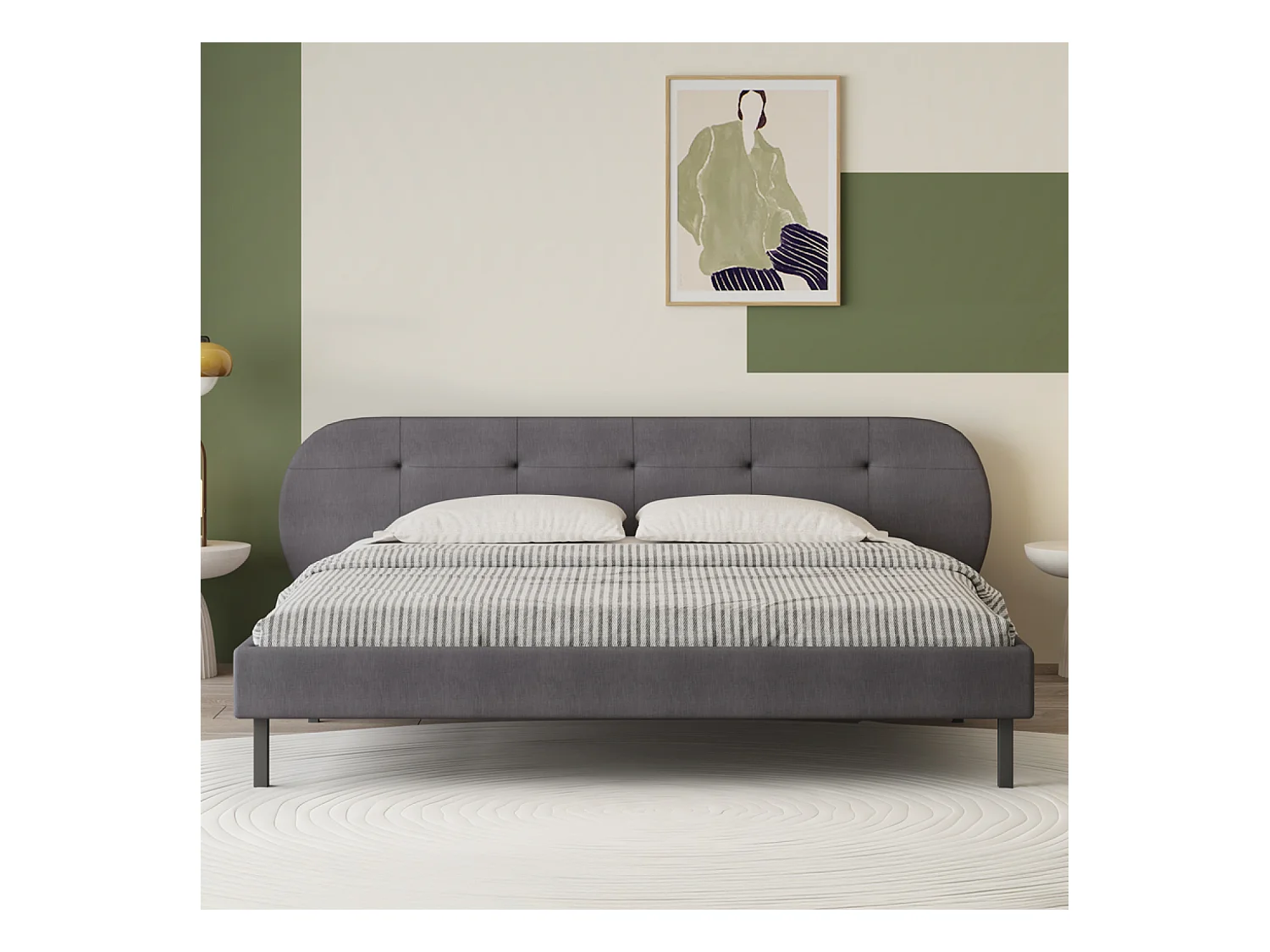 Lit capitonné 140x190cm gris avec tête de lit et sommier TULSA