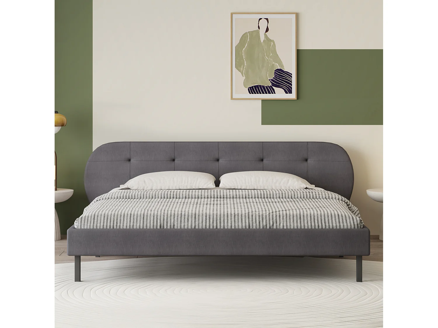 Lit capitonné 140x190cm gris avec tête de lit et sommier TULSA