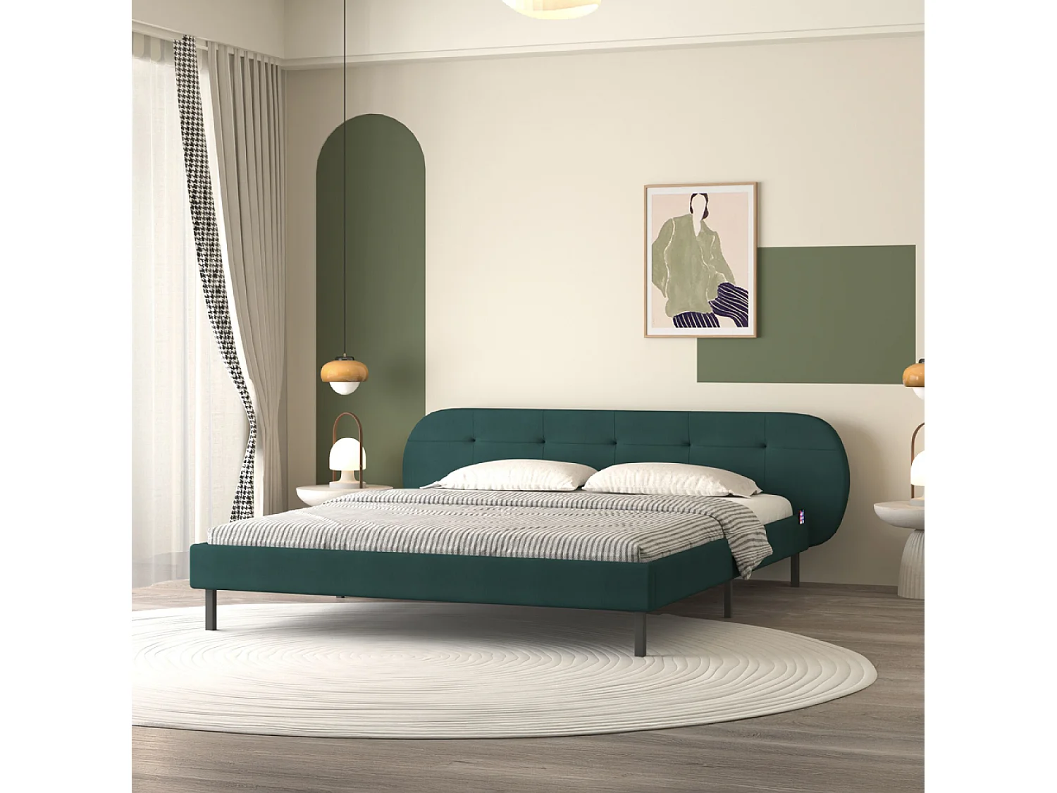 TULSA - Lit capitonné 140x190cm vert avec tête de lit et sommier