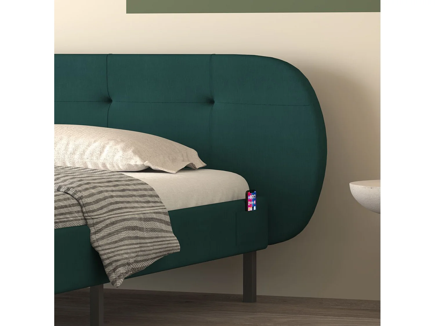 TULSA - Lit capitonné 140x190cm vert avec tête de lit et sommier