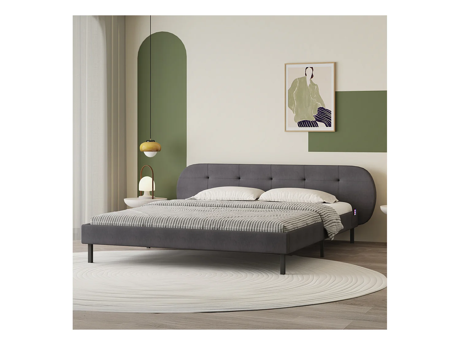 Lit capitonné 160x200cm gris avec tête de lit et sommier TULSA