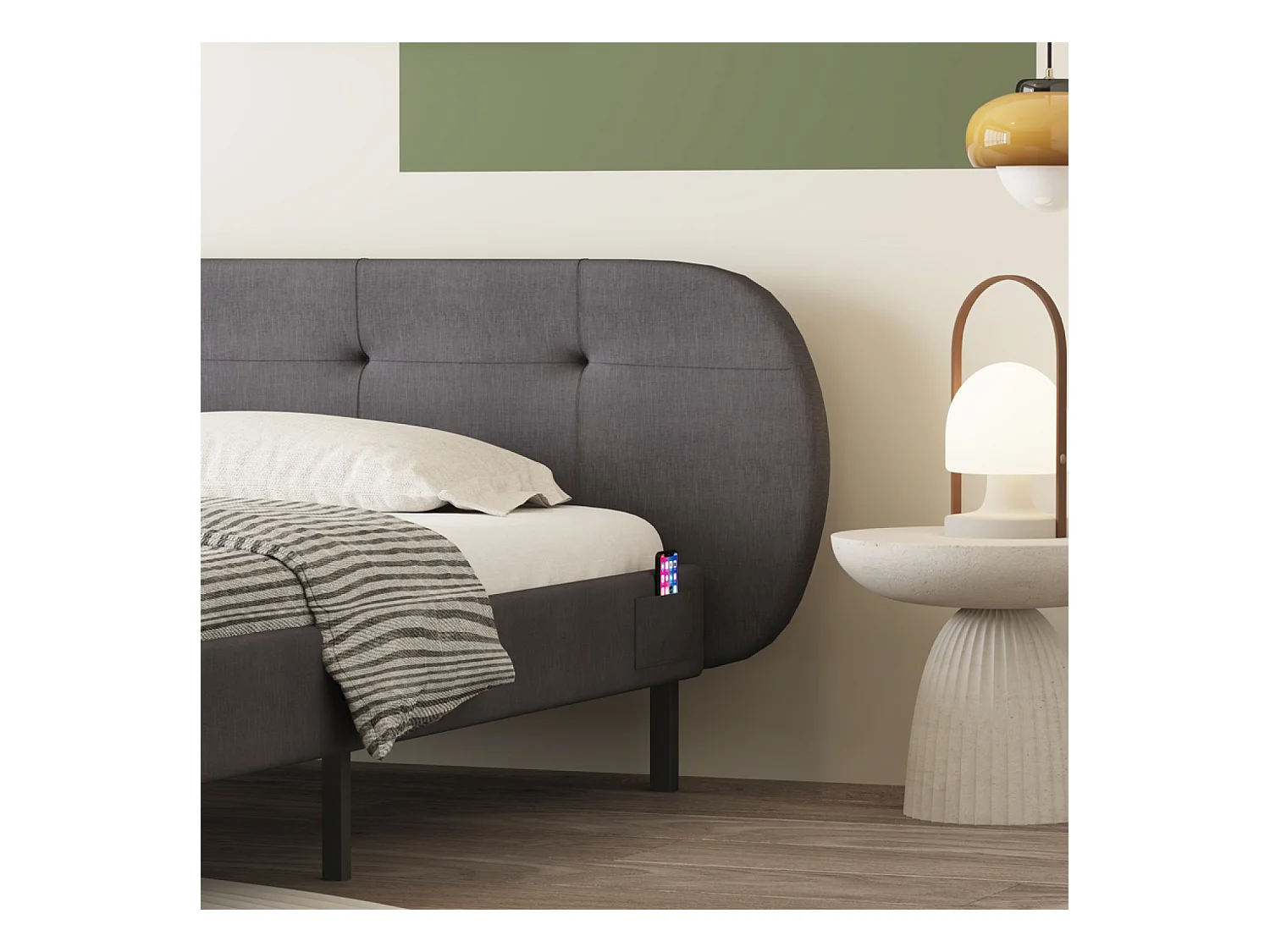 Lit capitonné 160x200cm gris avec tête de lit et sommier TULSA