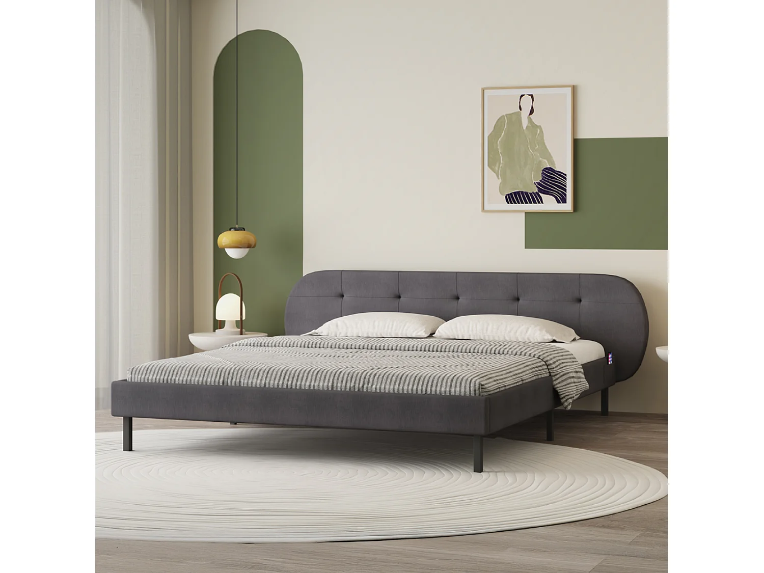 Lit capitonné 160x200cm gris avec tête de lit et sommier TULSA