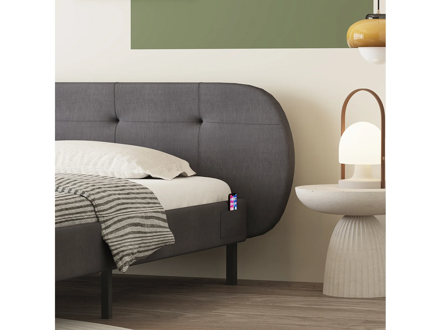 Lit capitonné 160x200cm gris avec tête de lit et sommier TULSA