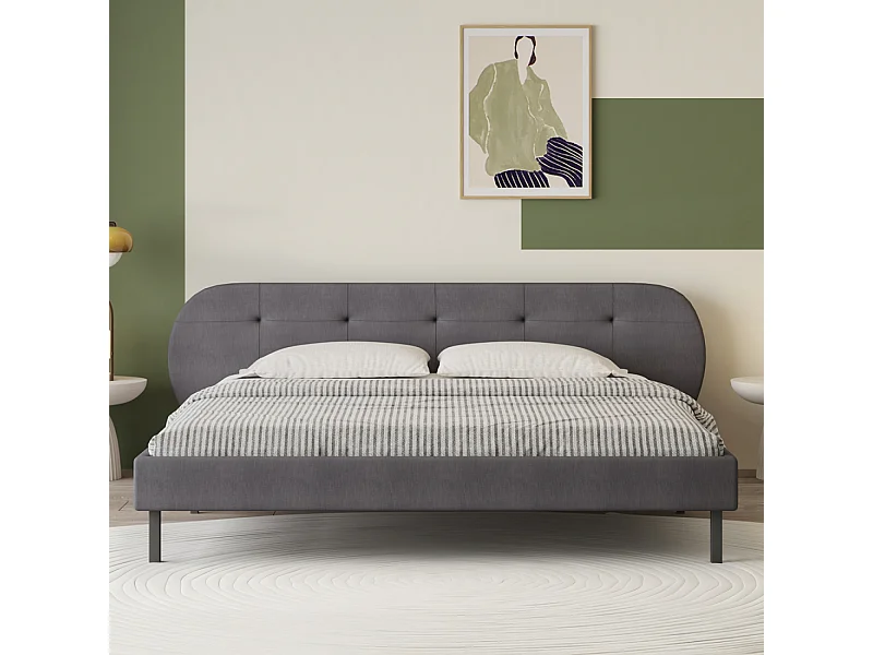 Lit capitonné 160x200cm gris avec tête de lit et sommier TULSA
