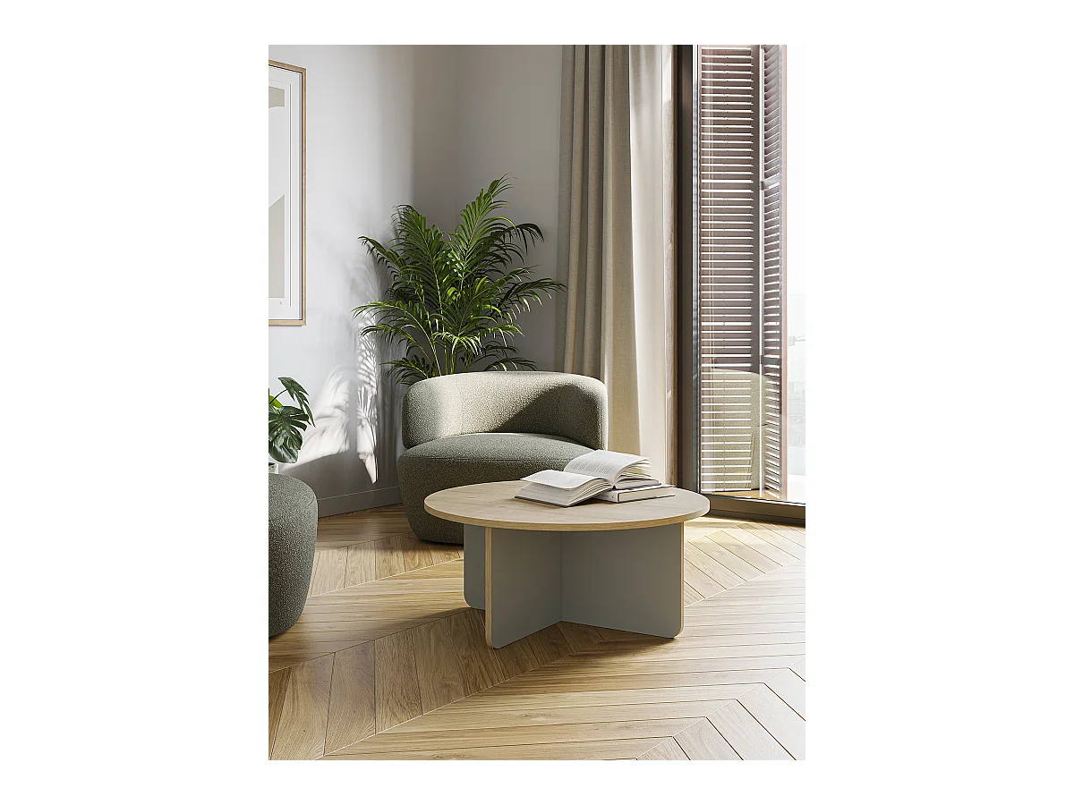 Table basse, table de salon ronde aspect bois coloris chêne, pieds coloris vert - diamètre 80 x Hauteur 38 cm