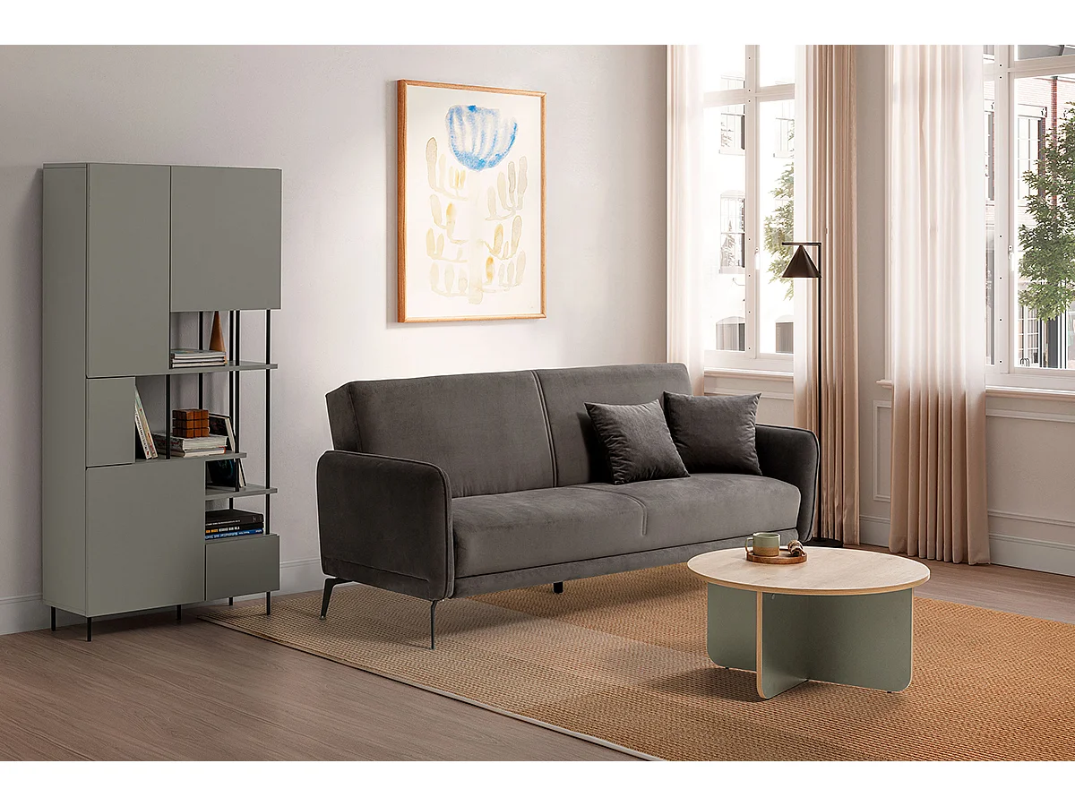 Table basse, table de salon ronde aspect bois coloris chêne, pieds coloris vert - diamètre 80 x Hauteur 38 cm