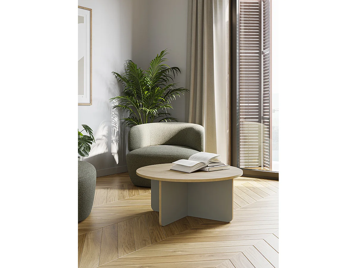 Table basse, table de salon ronde aspect bois coloris chêne, pieds coloris vert - diamètre 80 x Hauteur 38 cm