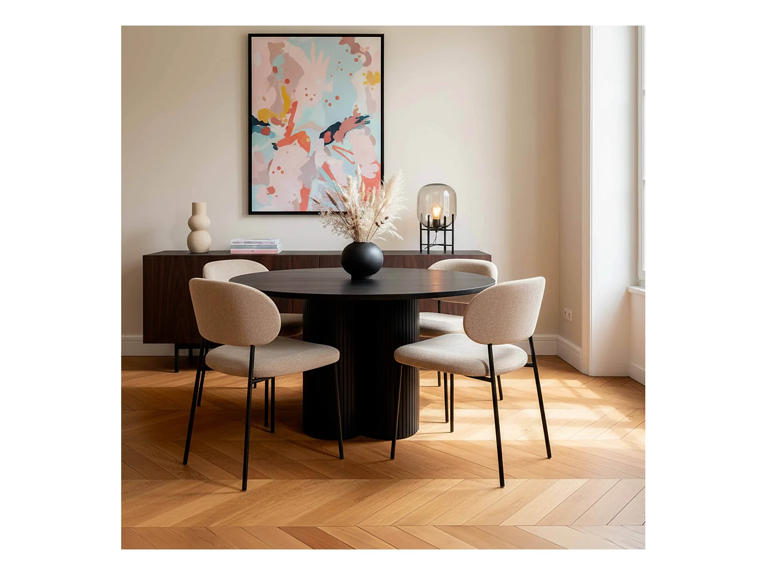 Table à manger moderne ronde 120 cm effet bois noir