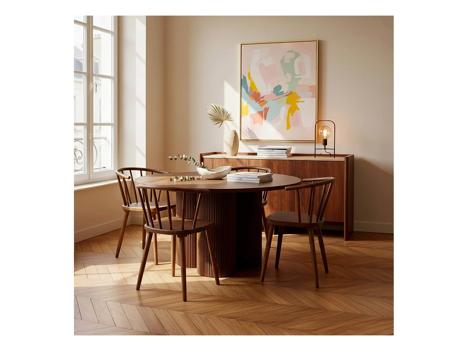 Table à manger moderne ronde 120 cm effet bois foncé