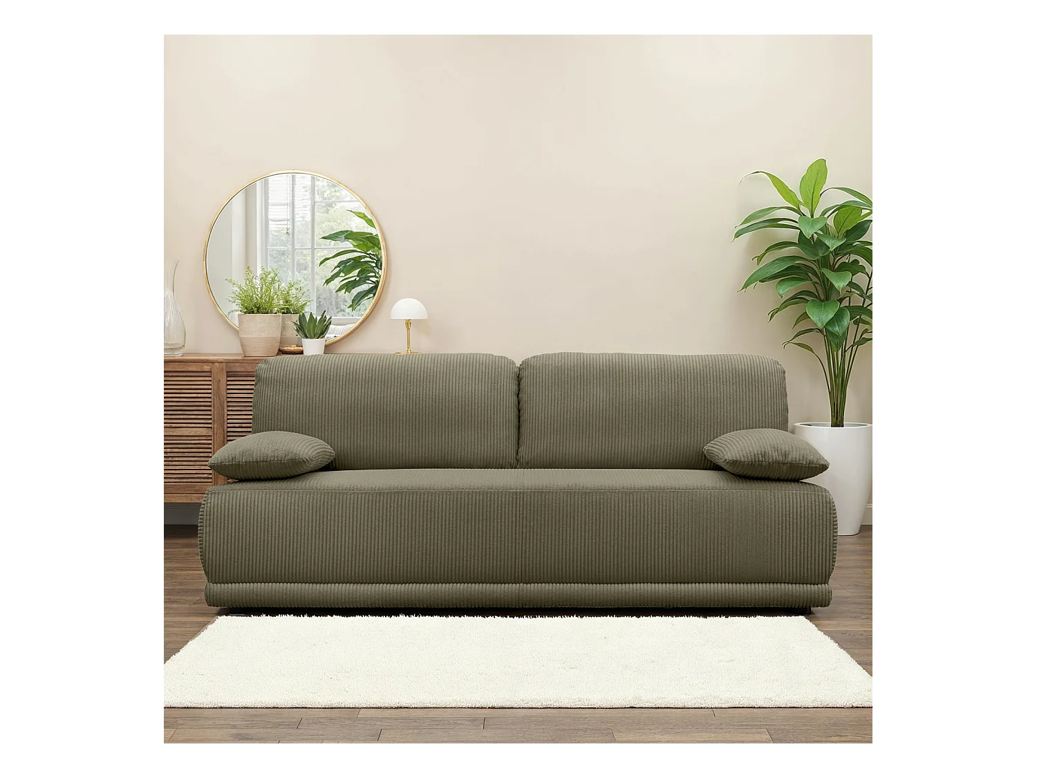 Banquette convertible 3 places velours côtelé kaki avec coffre de rangement - L 192 x P 100 x H 81cm -Nelson