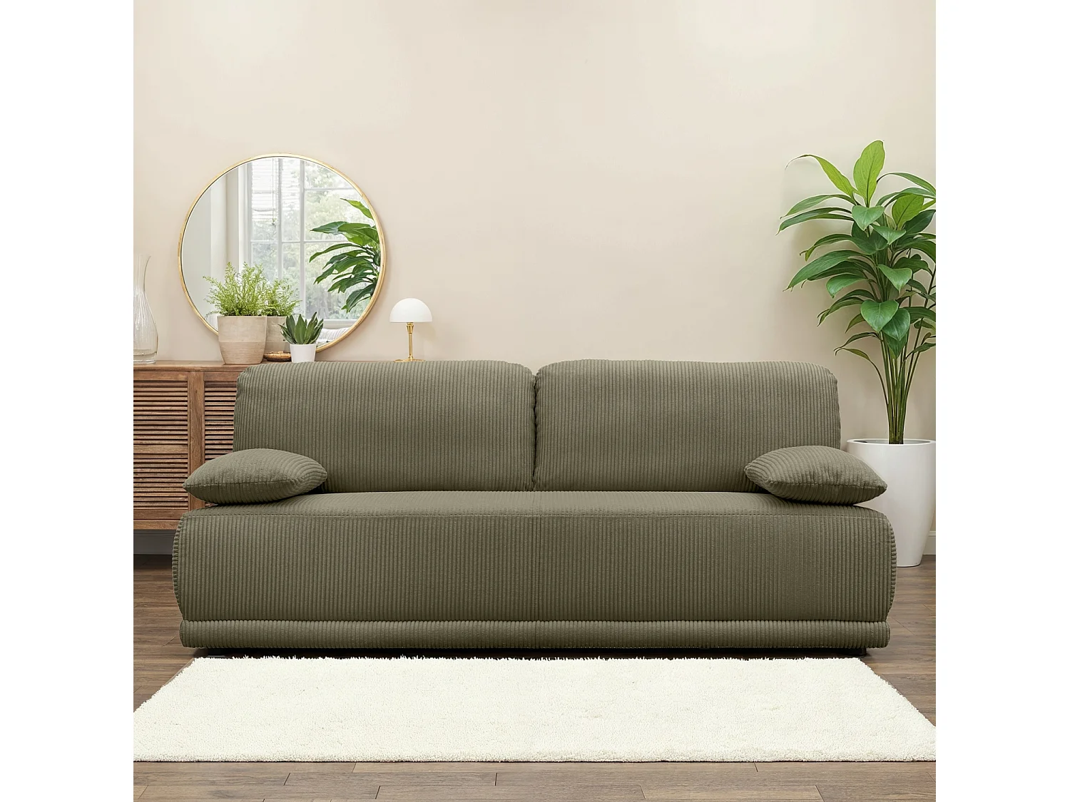Sofá cama en pana fina con baúl de almacenamiento, 3 plazas verde kaki
