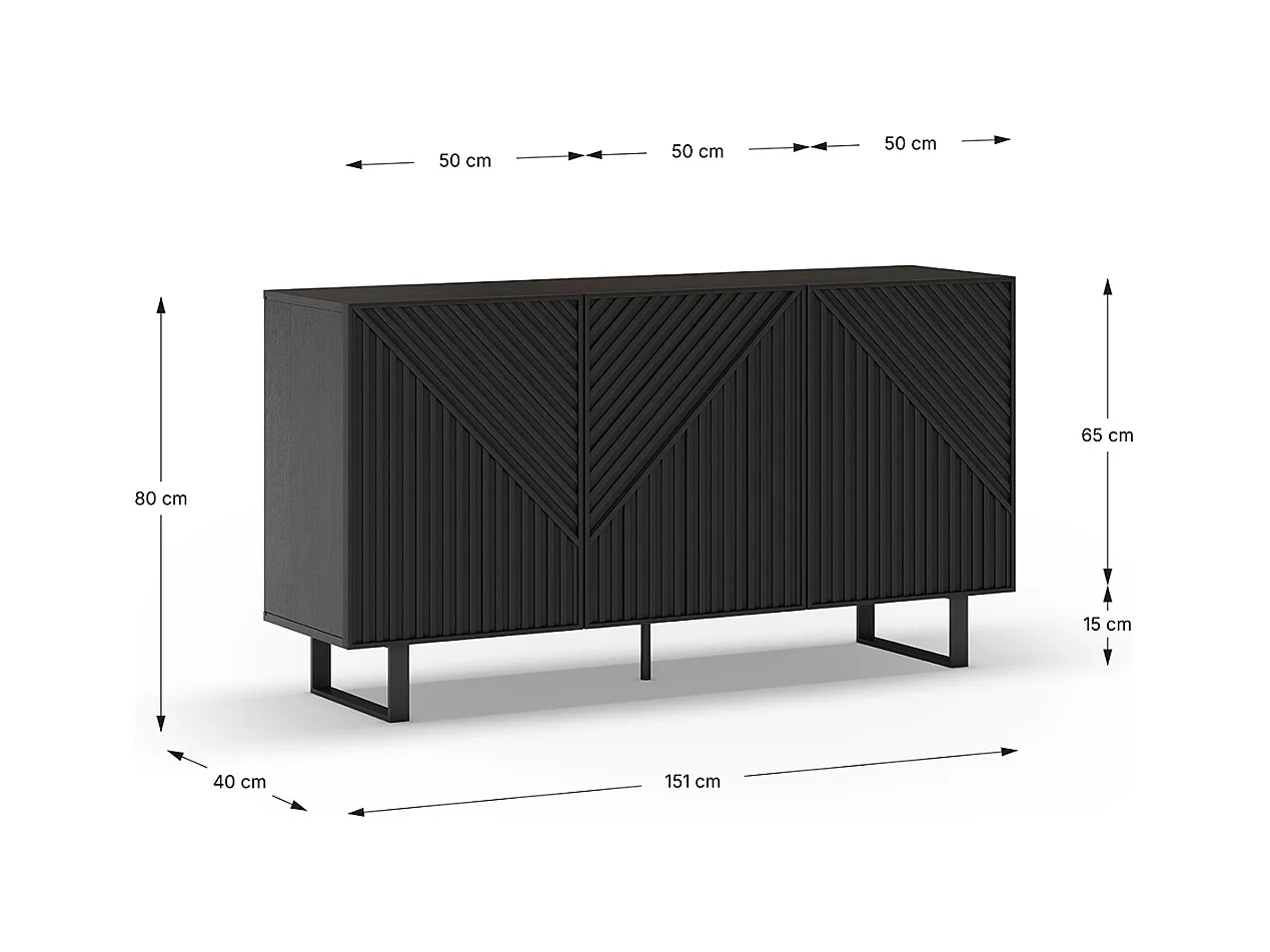 Buffet, meuble de rangement avec 3 portes aspect bois coloris noir, pieds en métal noir- Longueur 150,90 x Profondeur 40 x Hauteur 80 cm