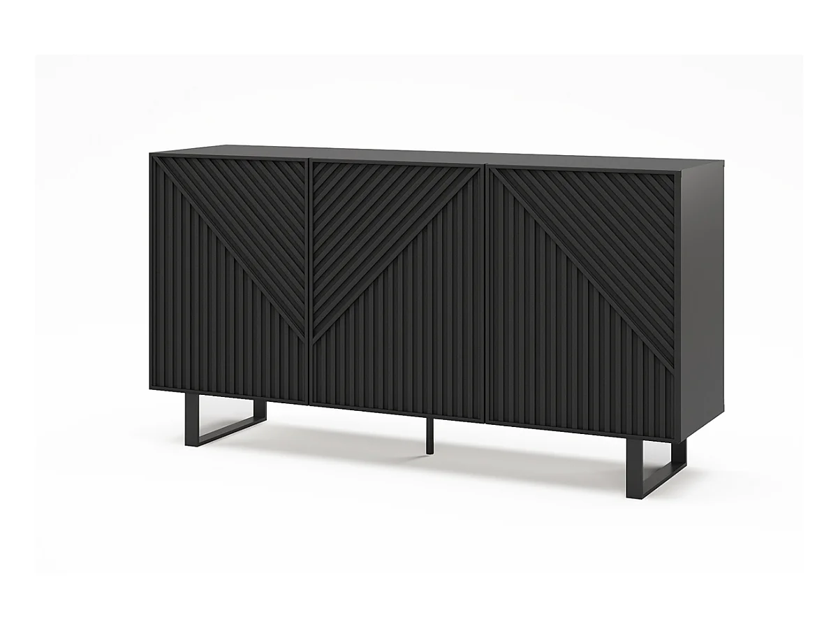 Buffet, meuble de rangement avec 3 portes aspect bois coloris noir, pieds en métal noir- Longueur 150,90 x Profondeur 40 x Hauteur 80 cm