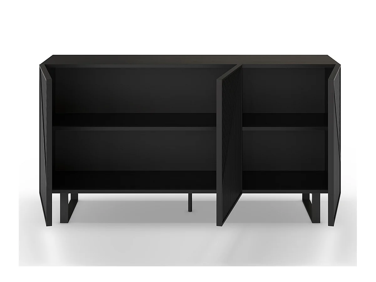 Buffet, meuble de rangement avec 3 portes aspect bois coloris noir, pieds en métal noir- Longueur 150,90 x Profondeur 40 x Hauteur 80 cm
