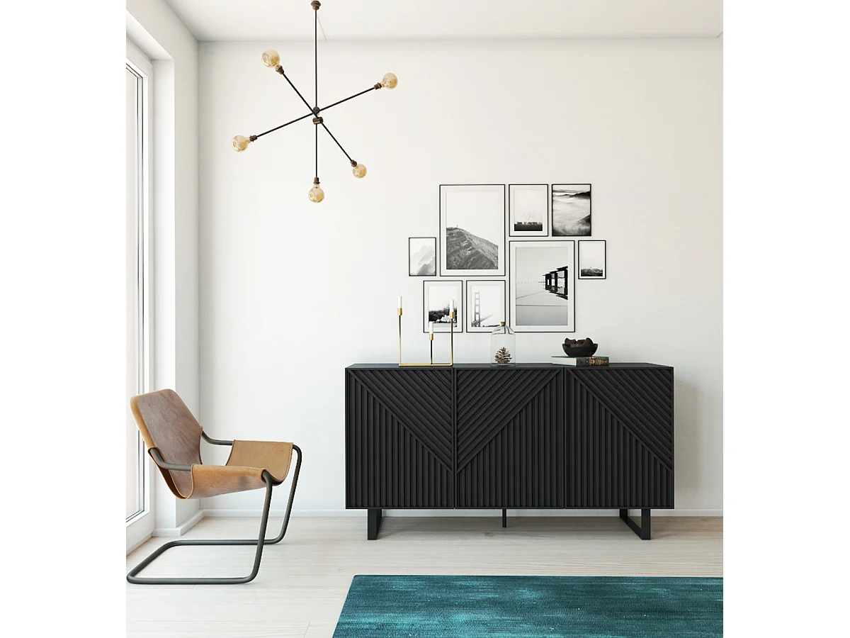 Buffet, meuble de rangement avec 3 portes aspect bois coloris noir, pieds en métal noir- Longueur 150,90 x Profondeur 40 x Hauteur 80 cm
