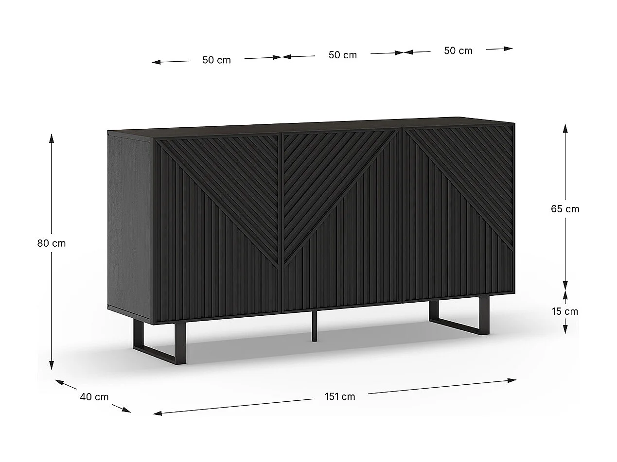 Buffet, meuble de rangement avec 3 portes aspect bois coloris noir, pieds en métal noir- Longueur 150,90 x Profondeur 40 x Hauteur 80 cm